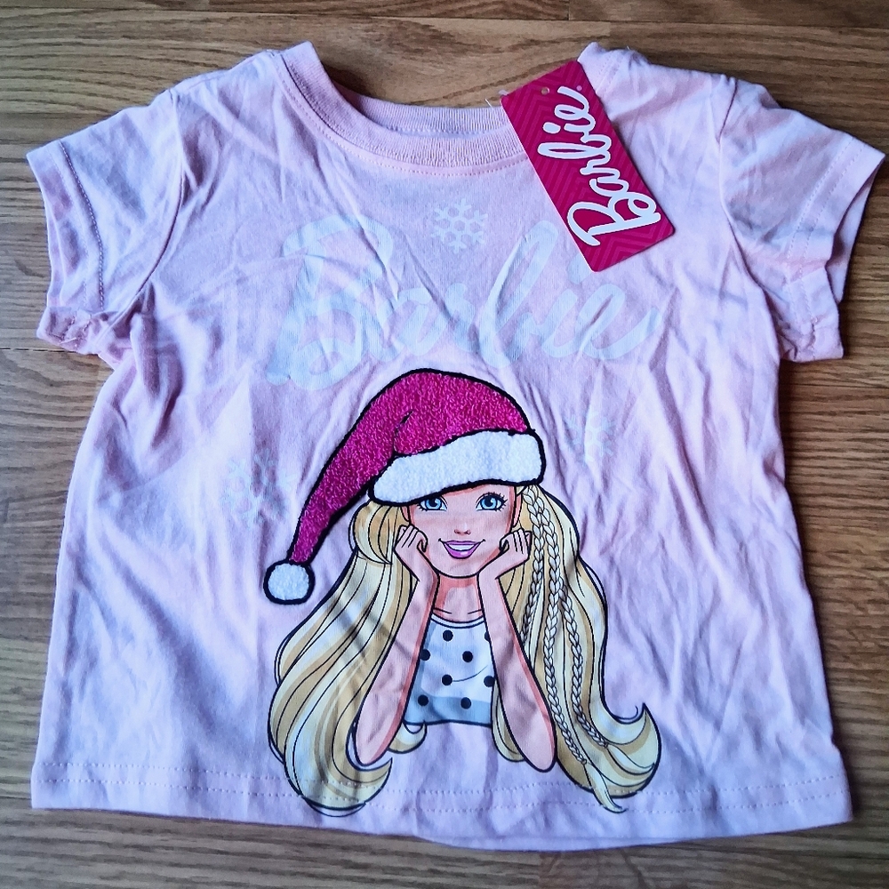 NWT Girls Pink Tee Shirr, BARBIE,XMAS, SZ 4